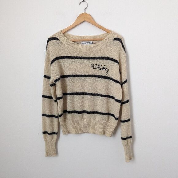 Wildfox cream black stripe alpaca soft knit oversized boxy Whiskey sweater - Picture 3 of 7